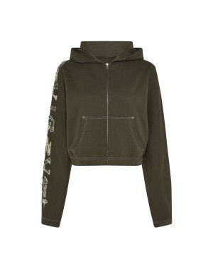 Khaki Trapstar Script Distressed Camo Applique Zip Hoodie | 012-DGRCML