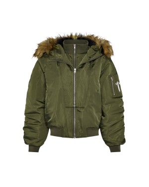 Khaki Trapstar Script Fur Hood Bomber | 615-LVDHFX