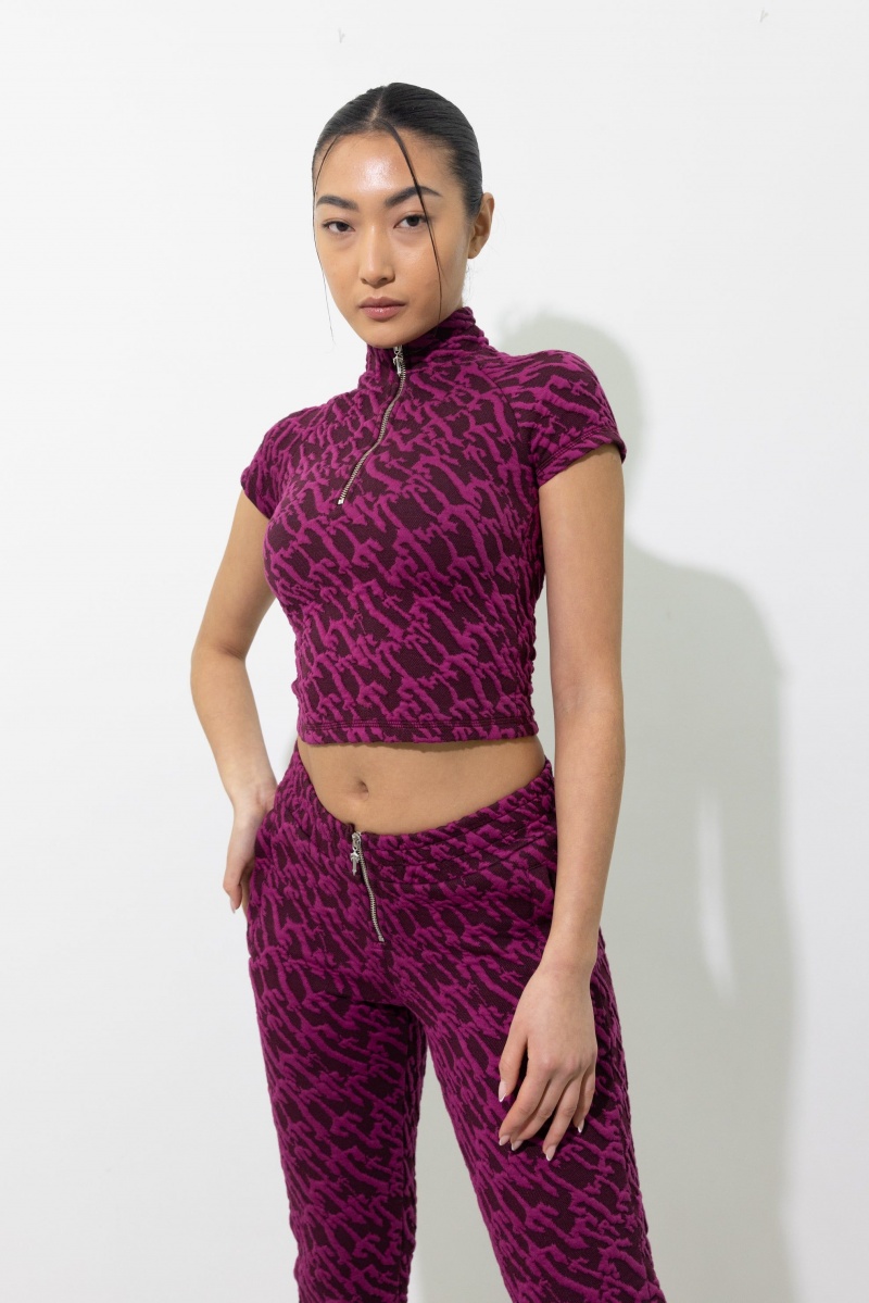 Burgundy Pink Trapstar Jacquard Fitted Zip Crop Top | 869-LHCMTW