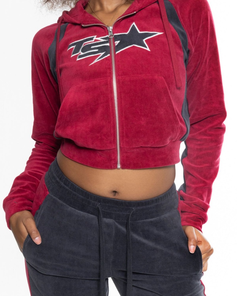 Burgundy Trapstar TS- Star Contrast Panel Velour Hoodie | 917-TAFDBS