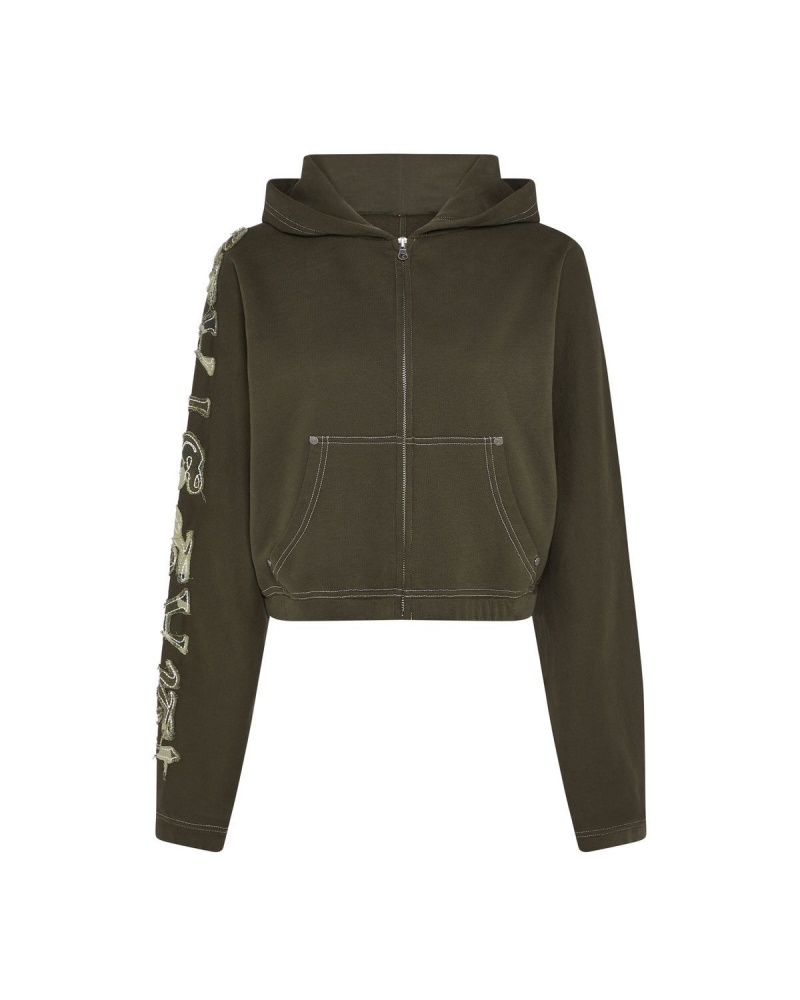 Khaki Trapstar Script Distressed Camo Applique Zip Hoodie | 325-MYRNWG