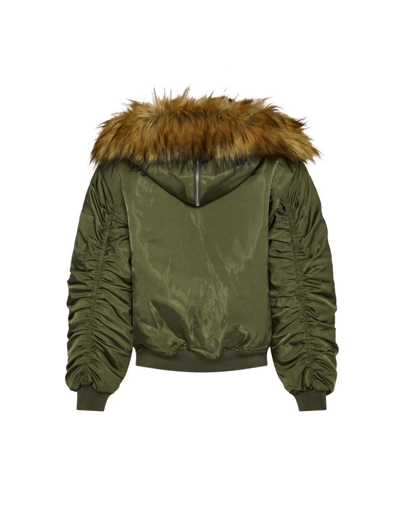 Khaki Trapstar Script Fur Hood Bomber | 301-INECRO