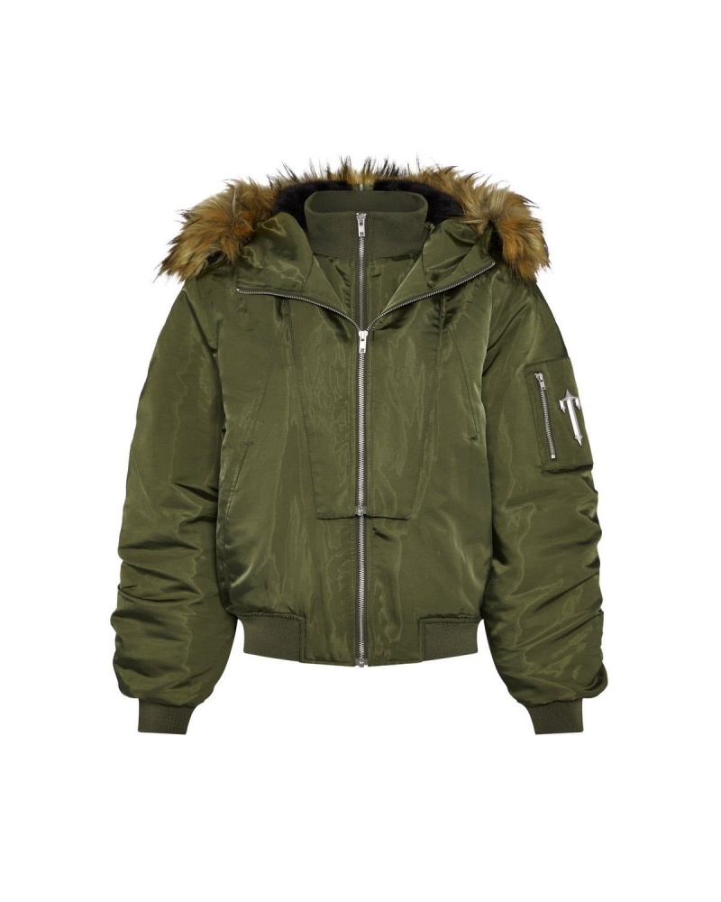 Khaki Trapstar Script Fur Hood Bomber | 301-INECRO